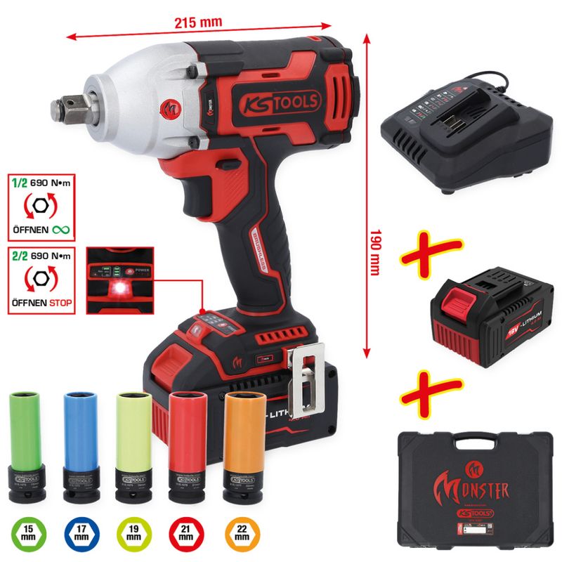 eMONSTER muttertrekker batteridrevet 1/2“ sett, 9 deler 
