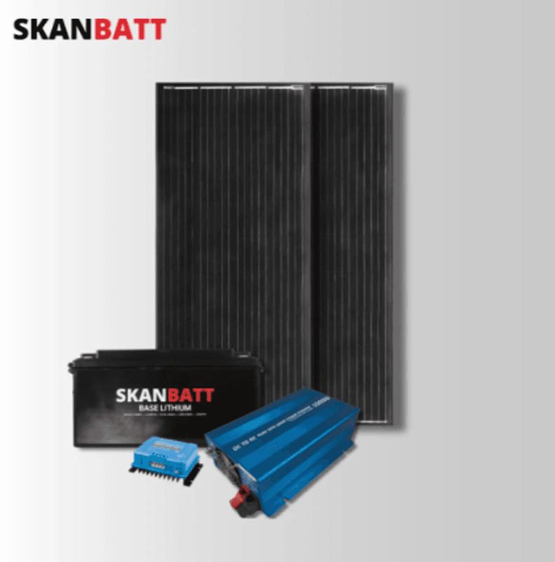SKANBATT Kraftpakke - 12V / 200Ah Lithium m/ Heat / 1000W inverter / 440W (2x220W) Rammepanel